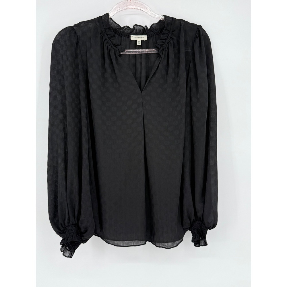 Max Studio Black Sz XS Polka Dot‎ Long Sleeve Blouse Ruffle Neck Top